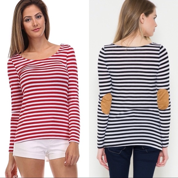 Tops - Red/white striped arm patch long sleeved shirt
